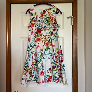 American Living White Floral Midi Dress with Red, Green and Blue Accents